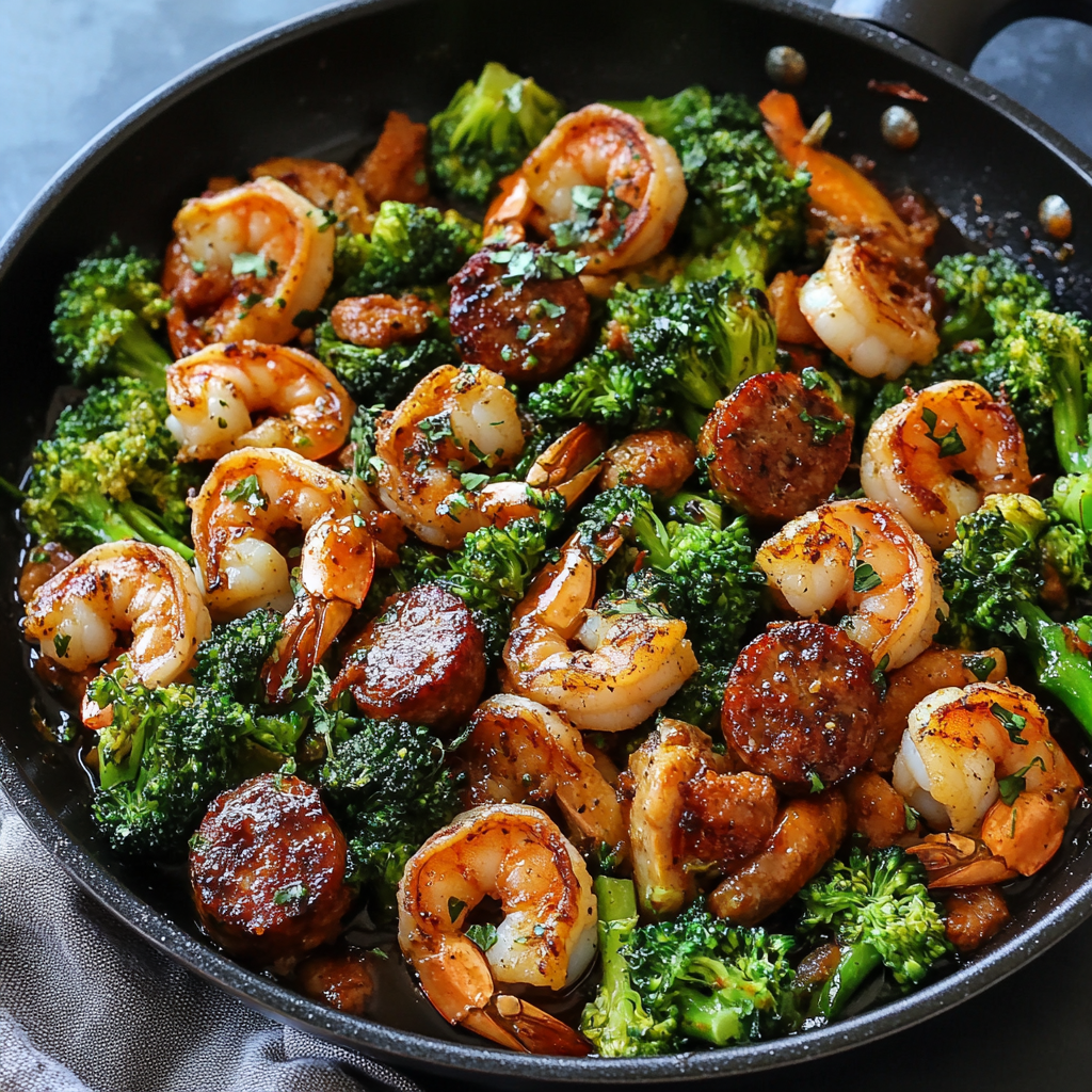 Shrimp sausage and broccoli stir-fry in a skillet.