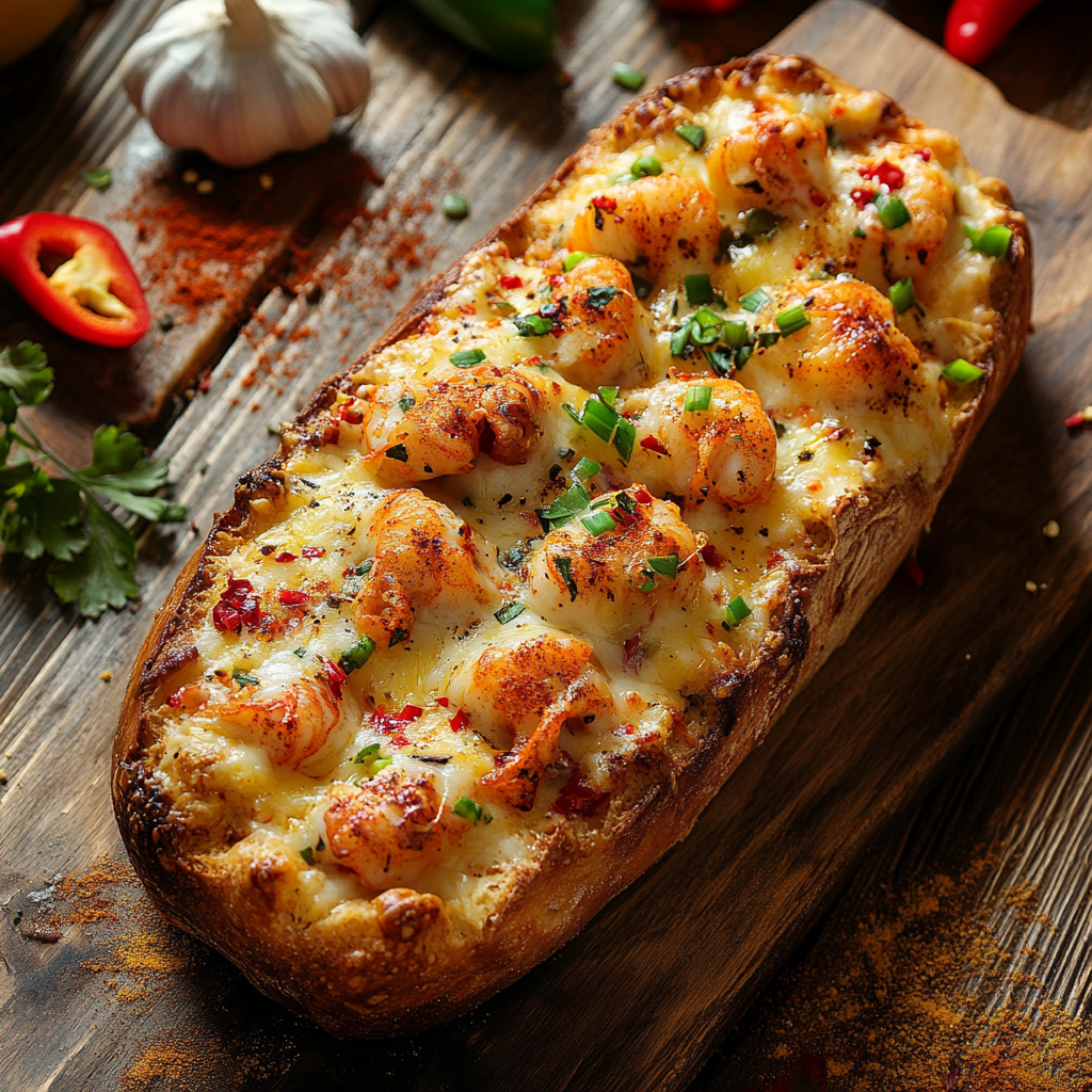 Golden-brown crawfish bread sliced open with melted cheese and seasoned crawfish filling