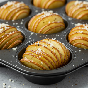 Stacked potato slices in a muffin tin, brushed with garlic butter