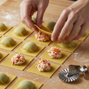 Making homemade lobster ravioli with fresh pasta dough