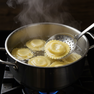 Cooking fresh lobster ravioli in boiling water