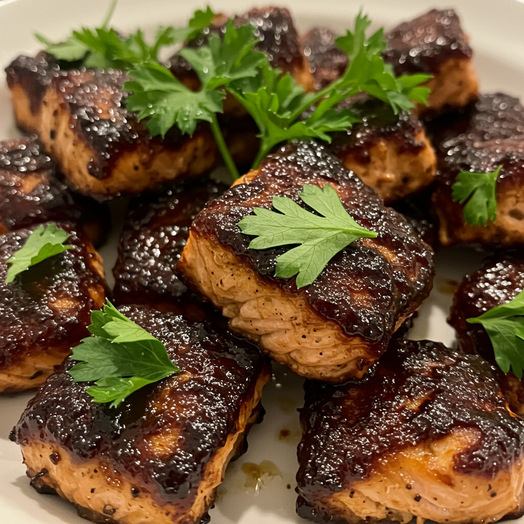 Blackened honey glazed salmon bites with crispy edges and honey glaze.