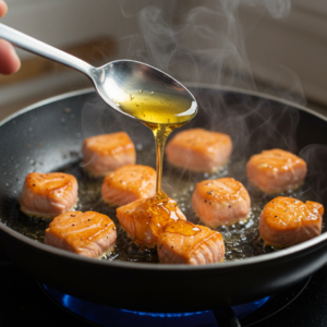 Honey glaze being drizzled over blackened salmon bites.