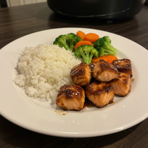 Blackened honey glazed salmon bites served with rice and greens.