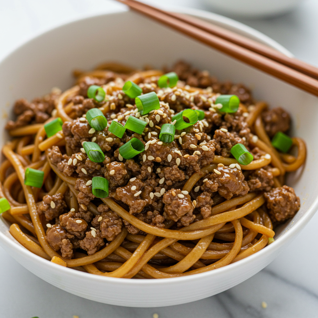 Mongolian Ground Beef and Noodles in a bowl with green onions.