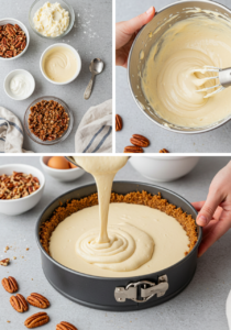 Pouring creamy cheesecake batter into a springform pan for pecan pie cheesecake.