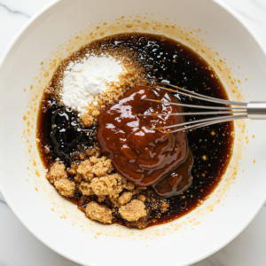 Whisking Mongolian sauce ingredients in a bowl.