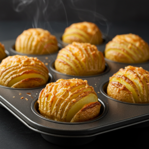 Crispy baked potato stacks in a muffin tin fresh from the oven