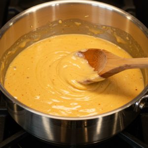 Velvety cheese sauce for Cajun mac and cheese being stirred in a saucepan