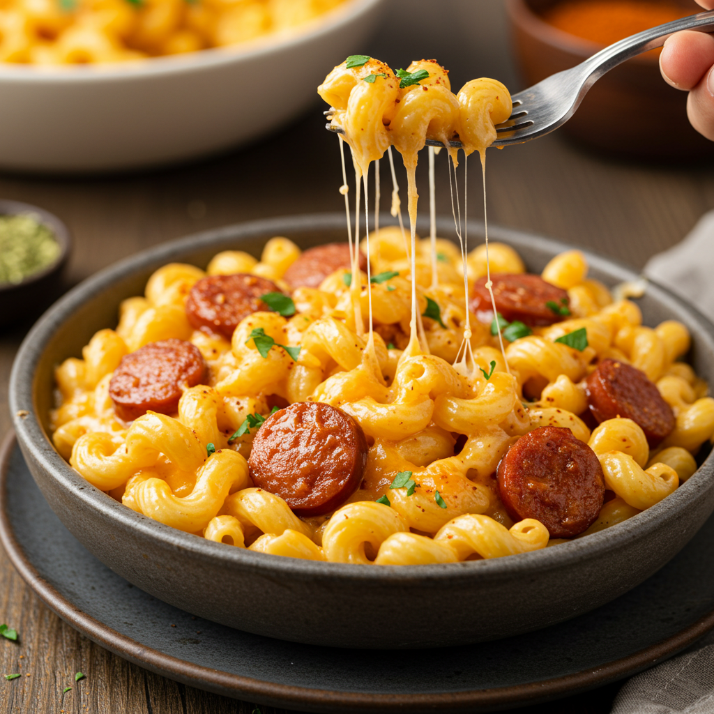 Creamy Cajun mac and cheese with melted cheese and smoked sausage