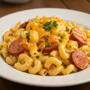 Plated Cajun mac and cheese with sausage, garnished with fresh parsley