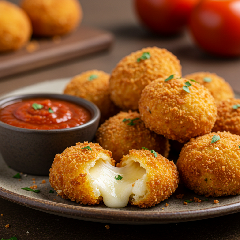 Crispy Cheesy Parmesan Mozzarella Bites with marinara sauce