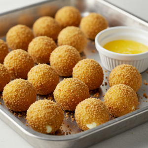 Breaded cheese bites prepared for frying