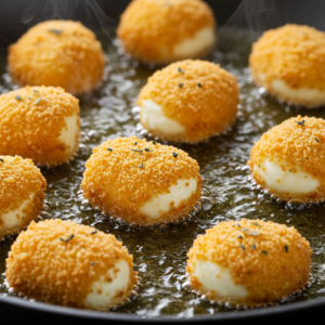 Mozzarella bites frying in hot oil for a crispy crust