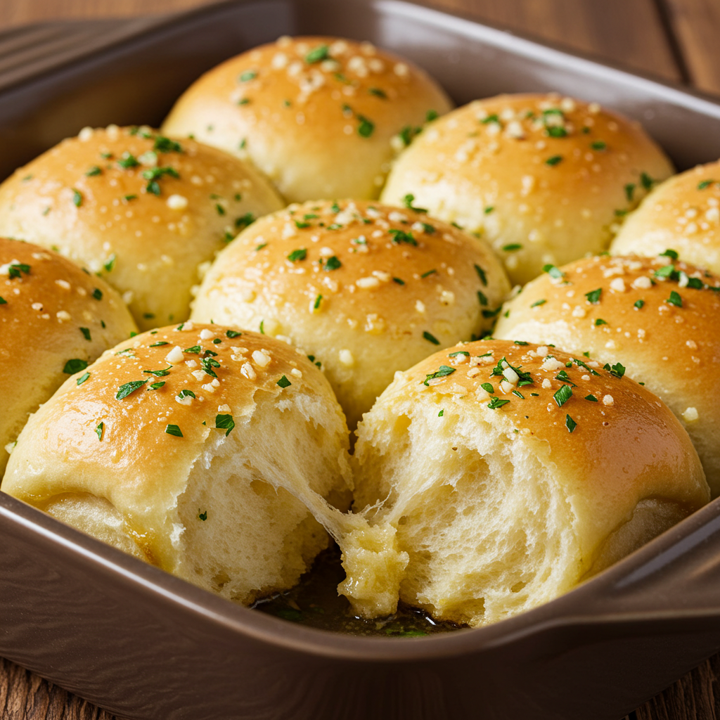 Freshly baked Garlic Hawaiian Rolls brushed with garlic butter and herbs