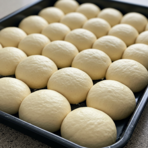 Shaped dough balls for Garlic Hawaiian Rolls before baking