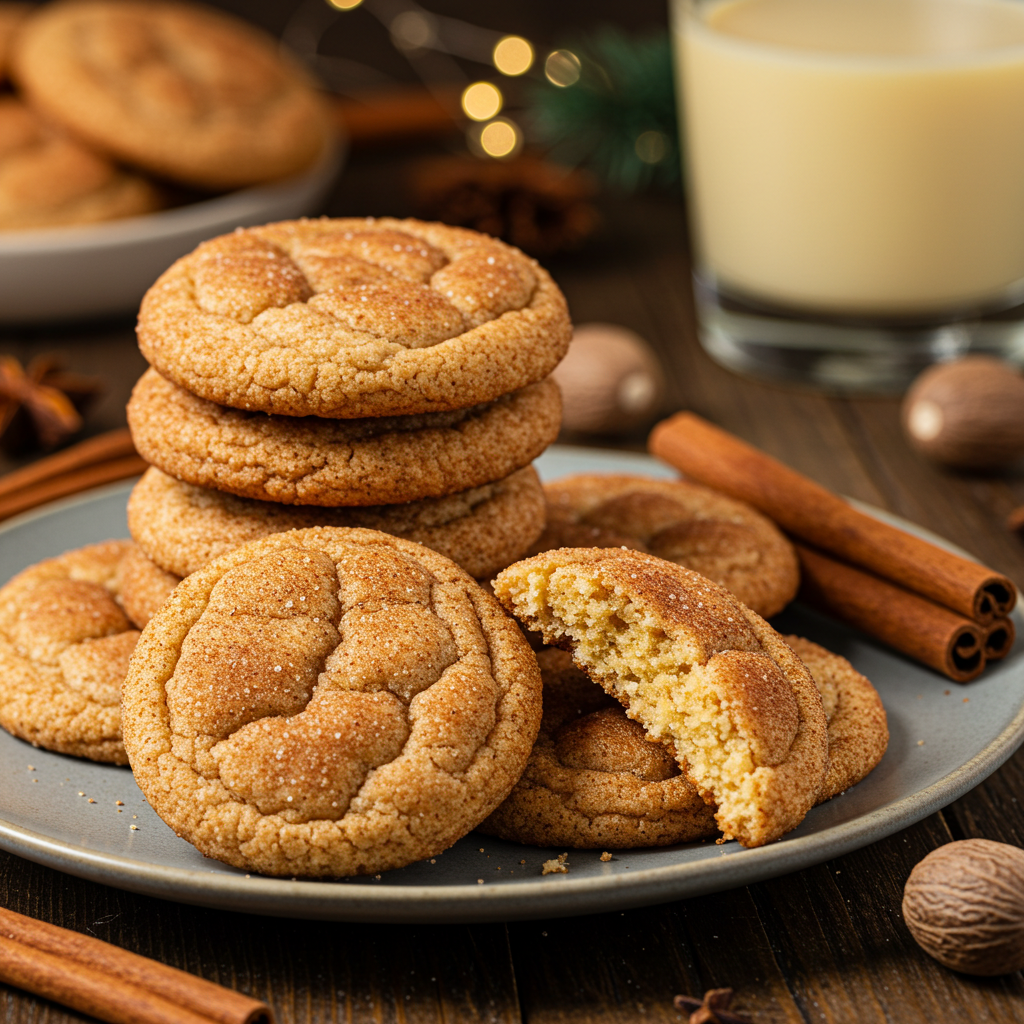 Eggnog snickerdoodle cookies with cinnamon-sugar coating.