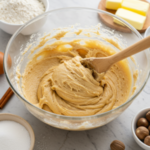 Mixing eggnog snickerdoodle cookie dough in a bowl.