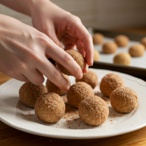 Rolling eggnog snickerdoodle dough in cinnamon-sugar.