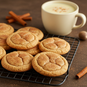 Freshly baked eggnog snickerdoodle cookies cooling on a wire rack.