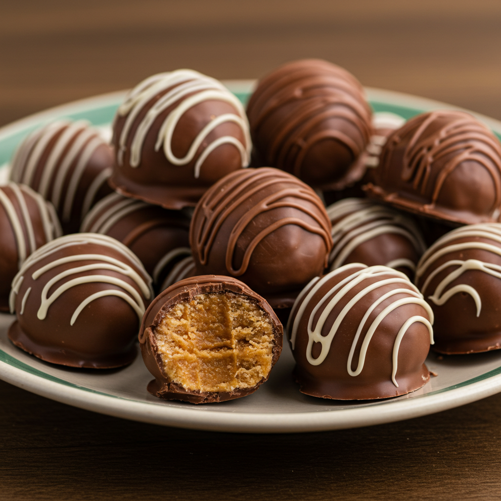 Chocolate-covered Butterfinger balls with white chocolate drizzle.