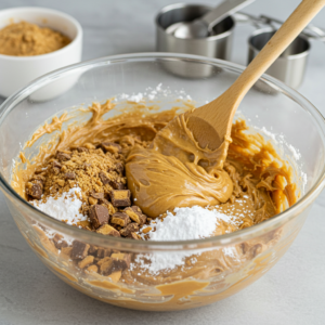 Mixing peanut butter and crushed Butterfinger for Butterfinger balls.