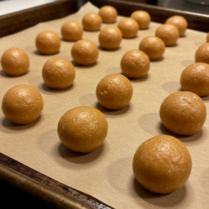 Butterfinger ball dough rolled into small balls before freezing.