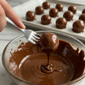 Dipping Butterfinger balls into melted chocolate for a smooth coating.