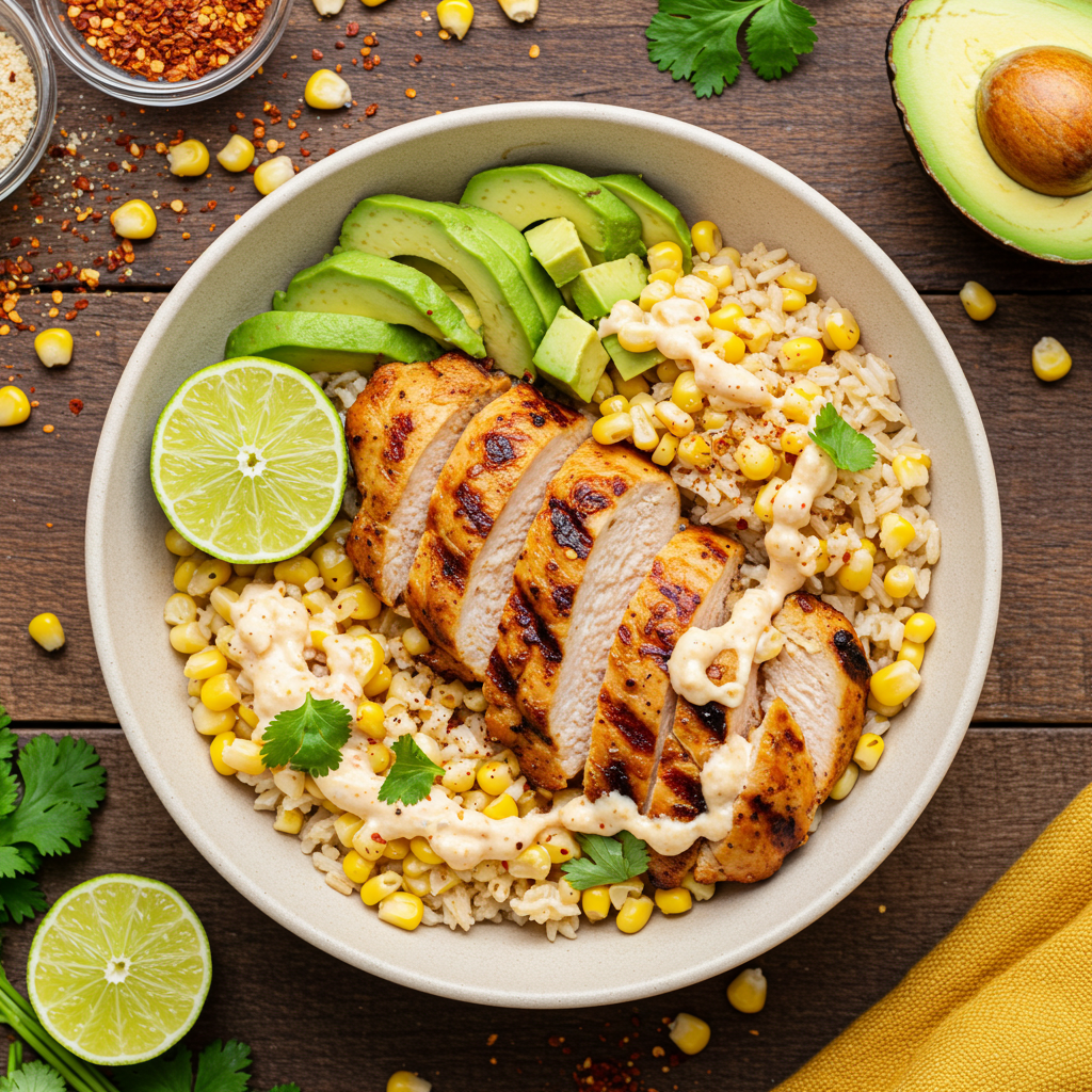 Street Corn Chicken Rice Bowl with fresh toppings.