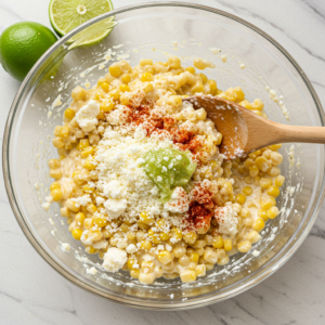 Mixing creamy street corn topping with cotija cheese and lime juice.