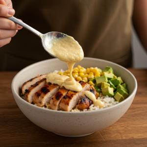 Assembling a Street Corn Chicken Rice Bowl with toppings.