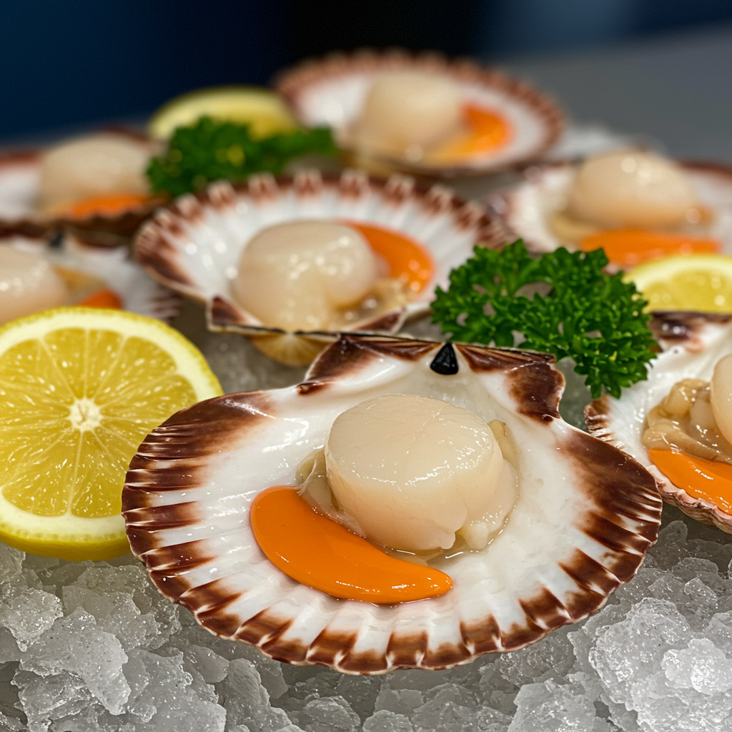 Fresh scallops in shell on ice with lemon wedges.