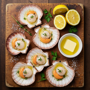 Seasoning scallops in shell with garlic butter before grilling.