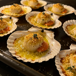 Scallops baking in shell with golden breadcrumb topping.