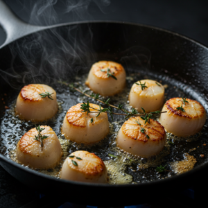 Pan-seared scallops in shell with butter and lemon.