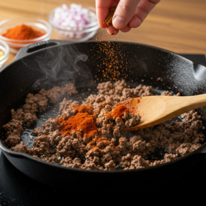 Cooking ground beef with taco seasoning in a skillet.