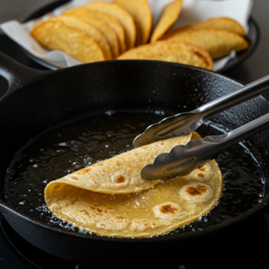 Frying corn tortillas for crispy taco shells in hot oil.