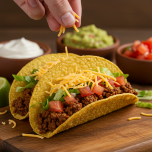 Assembling crispy beef tacos with cheese, lettuce, and tomatoes.