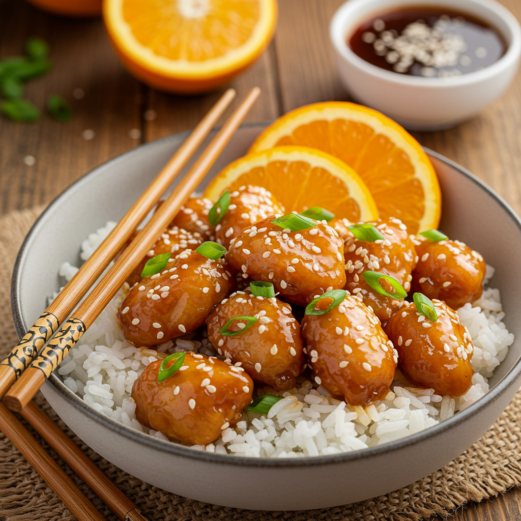 Orange chicken with white rice, garnished with sesame seeds and green onions.