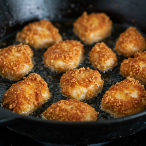 Crispy battered chicken frying in a skillet.