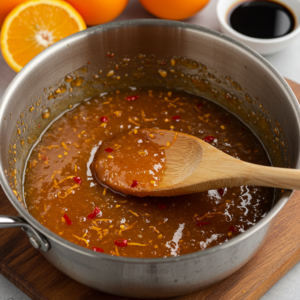 Thick orange sauce simmering in a saucepan.