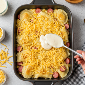 Assembling pierogi casserole with kielbasa, onions, and cheese in a baking dish.