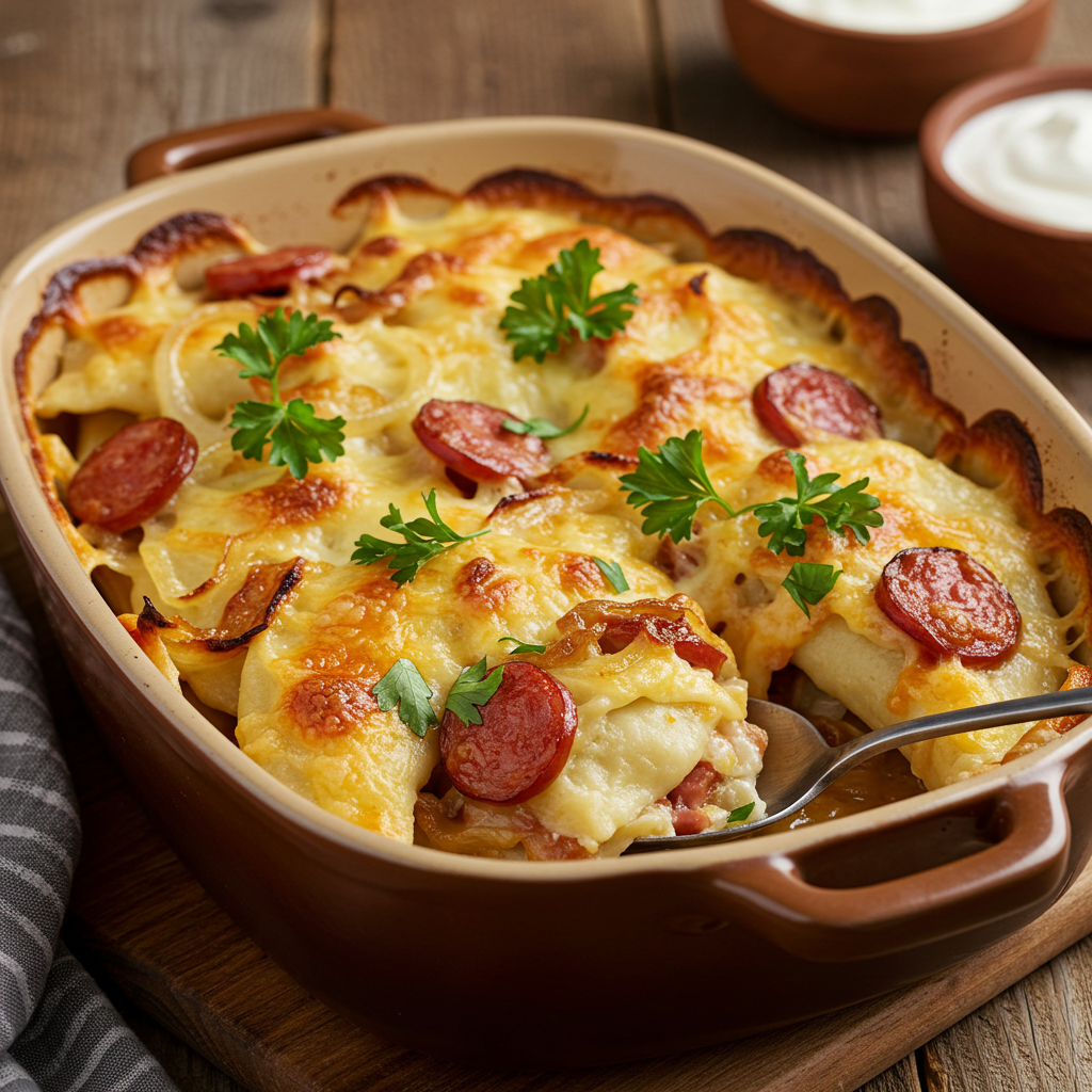 Pierogi casserole with kielbasa and melted cheese in a baking dish.