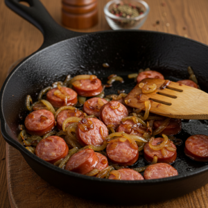 Kielbasa slices and caramelized onions cooking in a skillet.