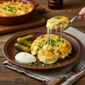 A plated serving of pierogi casserole with melted cheese and fresh parsley.