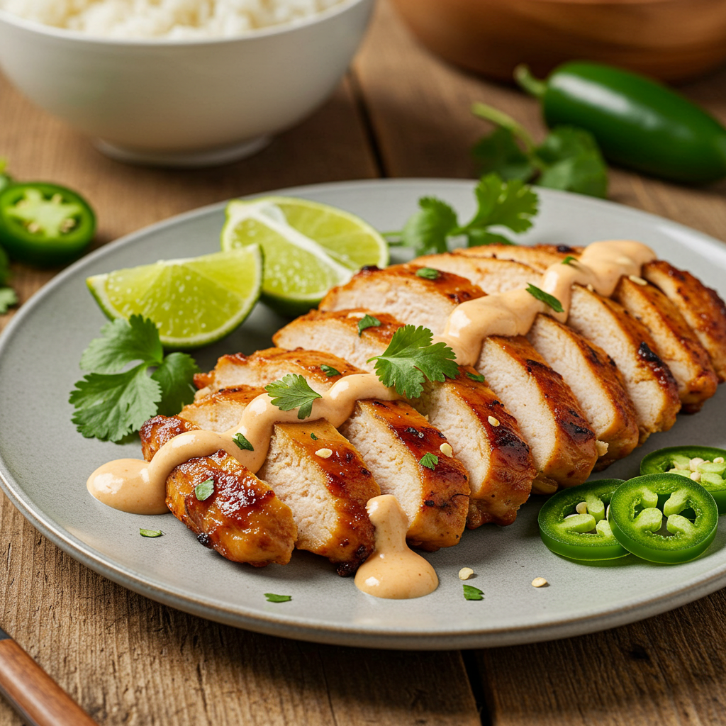 Jalapeño chicken with creamy sauce, served with rice and fresh cilantro.