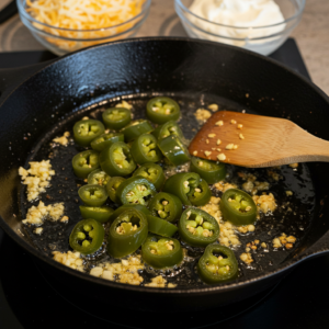 Sautéing jalapeños and garlic in butter for jalapeño chicken sauce.