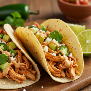 Jalapeño chicken tacos with creamy sauce, avocado, and cilantro.