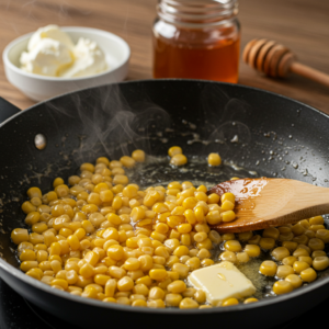 Corn cooking in a skillet with butter and honey.