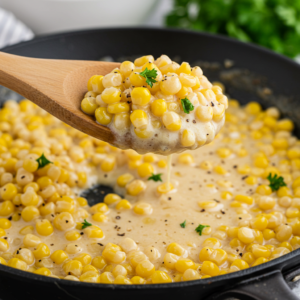 Spoonful of creamy honey butter skillet corn.